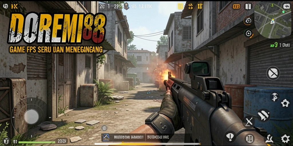Screenshot DOREMI88 menampilkan aksi menembak intens di medan perang.