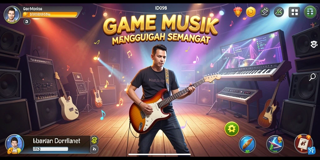 Gameplay interaktif ID098 menampilkan berbagai alat musik dan lagu.