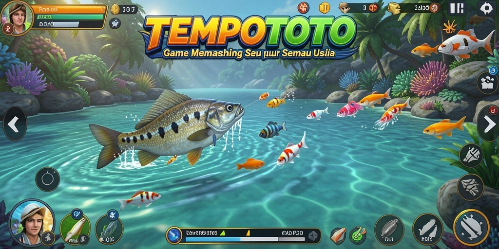 Tampilan gameplay menarik TEMPOTOTO yang menunjukkan aksi memancing.