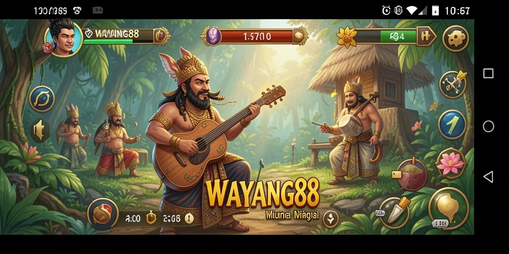 Tampilan gameplay WAYANG88 yang menampilkan karakter wayang bergerak mengikuti irama musik.